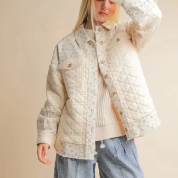 new in Jackets & Blazers - Cream Floral Trim Accent Quilted Long Sleeve Utility Jacket 1XL🆕⌚📦🏃💨🚚
